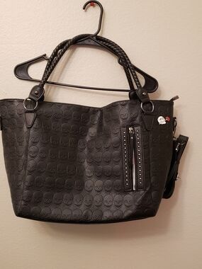 SHEIN Black Skull-Embossed Tote with Braided Handles